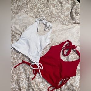 Set Of 2 >> HOLLISTER White + Red Cinched Crop Halter Neck Tie Tank Top XXS